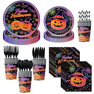 Halloween party tableware set neon pumpkin paper plates cups napkins cutlery supplies