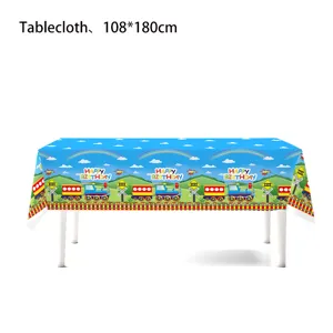 Detailed view of cartoon train birthday party tablecloth, disposable plastic table cover.