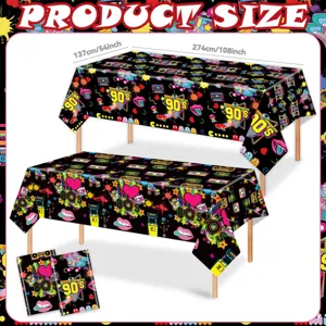 Nappe de table jetable en plastique motif retro annees 80 90 pour fete, 137x274cm.