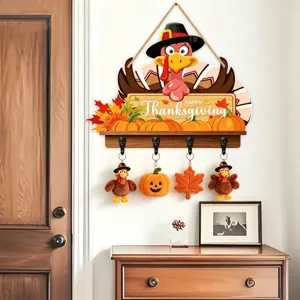 Ξύλινη πινακίδα πόρτας Thanksgiving με γαλοπούλα κολοκύθες και κρεμαστά άγκιστρα