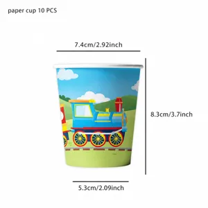 Disposable cartoon train paper cups detail showing dimensions, 10 pieces pack for party.
