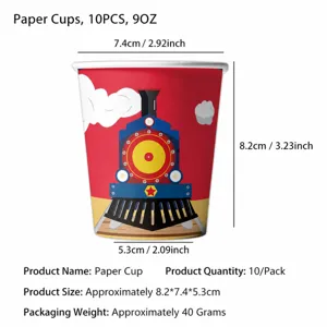 Train party paper cups for kids birthday decorations, 9oz capacity, 10 pieces per pack.