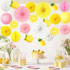 Summer lemon party hanging decorations detail showing colorful paper lanterns and flower balls.