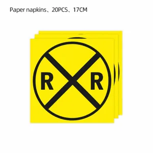 Disposable paper napkins featuring yellow railroad crossing design, 17cm party tableware detail