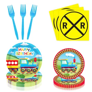 Train theme kids birthday party disposable tableware paper plates and napkins decor set