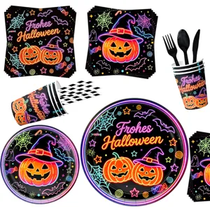 Halloween neon party tableware set with pumpkin print paper plates, cups and napkins.