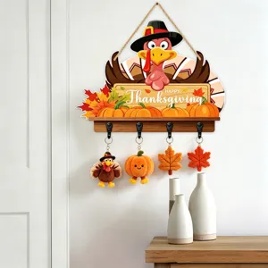 Ξύλινη κλειδοθήκη Thanksgiving με σχέδιο γαλοπούλας, κολοκύθας και κρεμαστά στολίδια.