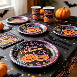 Halloween party tableware set with neon pumpkin print paper plates cups napkins tablecloth.
