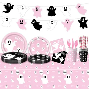 Halloween rosa negro fantasma fiesta vajilla conjunto platos vasos servilletas mantel
