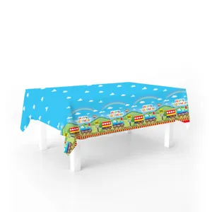 Kids birthday party blue train tablecloth disposable table cover decoration supplies.