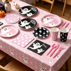 Set de vajilla para fiesta de Halloween con platos, vasos, servilletas y cubiertos.