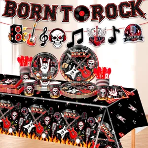 Rock Totenkopf Motto Party Geschirr Set mit Teller, Bechern, Tischdecke und Banner.