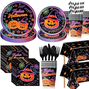 Neon Halloween party tableware set paper plates cups napkins tablecloth spooky decor