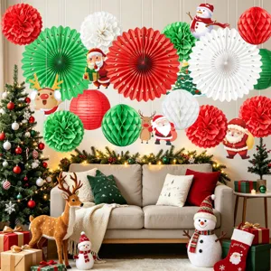 Weihnachts Party Dekoration Set Papierfächer Pom Poms Wabenbälle Weihnachtsmann Schneemann Hängende Spiralen Für Heim Deko