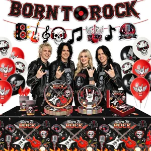 Rock Totenkopf Party Geschirr Set mit Teller, Bechern, Servietten, Tischdecke und Banner.