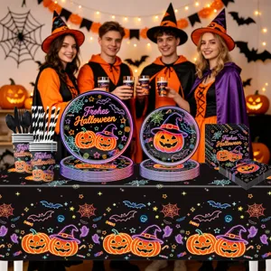 Halloween party neon pumpkin print disposable tableware set detail, plates, cups and napkins.