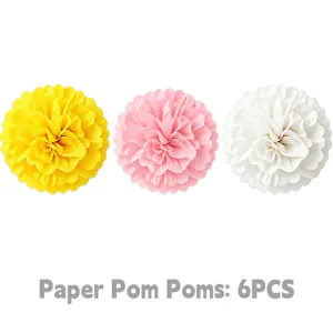 Detailansicht von 6 bunten Papierpompons für festliche Party hängende Seidenblumen.