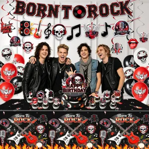 Rock Totenkopf Thema Party Dekoration Set mit Banner, Tischdecke und Kuchenaufsatz.
