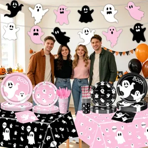 Set de vajilla de fiesta de Halloween platos de papel vasos servilletas mantel rosa y negro