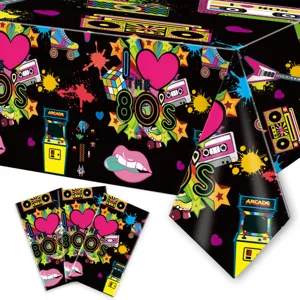 Nappe jetable de fête rétro 80s avec motifs colorés de cassettes et jeux d'arcade