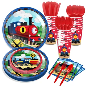 Kids birthday party tableware set with cartoon train design, paper plates and cups.