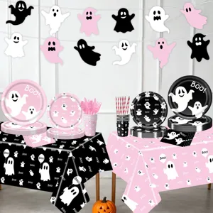 Juego de vajilla para fiesta de Halloween con diseño de fantasma, platos de papel y mantel.