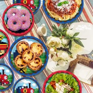 Cartoon train paper plates for kids birthday party, cute tableware set for celebration.