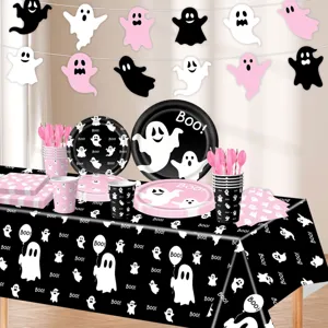 Set de vajilla para fiesta de Halloween platos de papel vasos servilletas fantasma rosa.