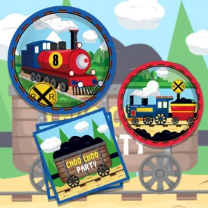 Cartoon train birthday party paper plates cups set children celebration table decor supplies