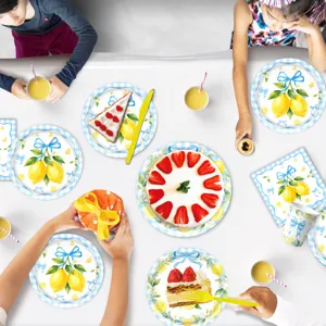 Blaue Schleife Zitrone Party Geschirr Set Papierteller Becher Servietten Details