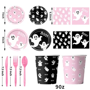 Halloween rosa negro fantasma fiesta vajilla juego platos vasos servilletas cubiertos decoracion