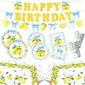 Blau Schleife Zitrone Druck Geburtstag Party Geschirr Set Einweg Papierteller Tassen Servietten Tischdecke Banner Dekoration