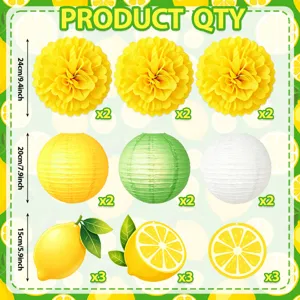 Yellow green lemon paper flower balls and lanterns set for summer party decoration set.