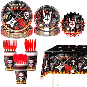Set de vajilla para fiesta tematica rock platos vasos servilletas mantel de cumpleanos
