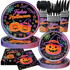 Halloween Party Geschirr Set Neon Kürbis Pappteller Becher Servietten Besteck Zubehör