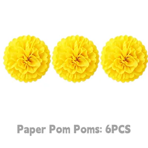 Yellow paper pom poms set for party and birthday decoration, 6 pieces included, bright.
