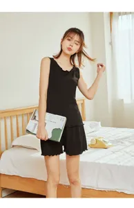 Detail view of the black ribbed sleeveless sleepwear set featuring delicate lettuce trim design.