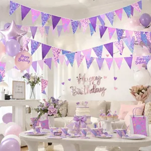 Purple pink laser triangle pennant birthday party decoration set with balloons and tableware.