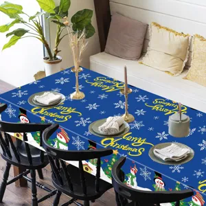 Christmas disposable PE tablecloth with cute cartoon snowman and snowflake print for holiday party decor.
