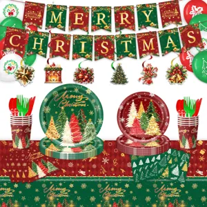 Kerstfeest decoratie set met papieren borden bekers servetten tafelkleed en banner.