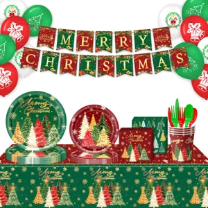 Kerstfeest decoratie set met papieren borden, bekers, servetten, tafelkleed en mooie ballonnen.