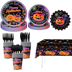 Halloween Kürbis Partygeschirr Set Neon Stil Einweg Pappteller Becher Servietten Tischdecke Banner Feiertag Dekoration