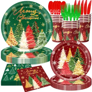 Kerstfeest servies set inclusief papieren borden bekers servetten en feestelijk bestek.