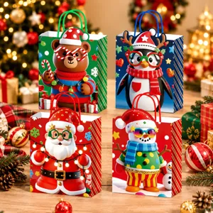 4er-Set Weihnachtspapier-Geschenktüten mit süssen Cartoon-Motiven für festliche Geschenke