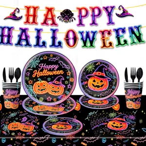 Halloween Party Geschirr Set Pappteller Becher Servietten Tischdecke Gruselparty Deko