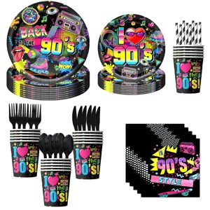 Set de Vajilla Fiesta Tema Años 90 Retro 90 Cumpleaños Platos Vasos Servilletas