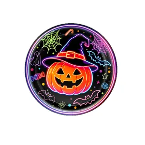 Halloween Pappteller im Neon-Stil mit Kürbismotiv für gruselige Party-Tischdekoration.