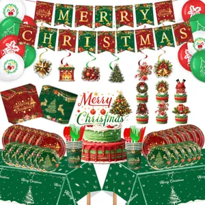 Weihnachtsparty Dekorationsdetail Set mit Papptellern Bechern und bunten Bannern.
