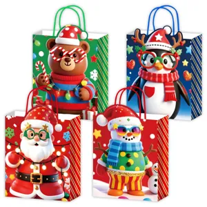 Weihnachtstüten aus Papier mit süßen 3D-Cartoon-Figuren für Feiertage und Geschenke.