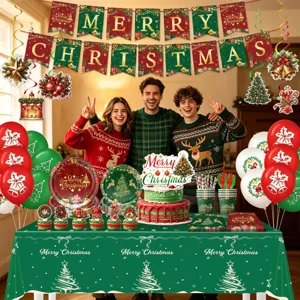 Weihnachtsfeier Deko Set mit Tischdecke Banner Pappteller Luftballons festlich